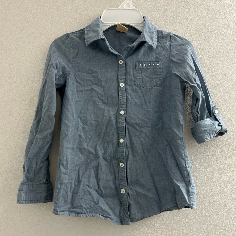 Kids Light Bkue Denim Button-Up Shirt with rhinestones / adjustable roll sleeves